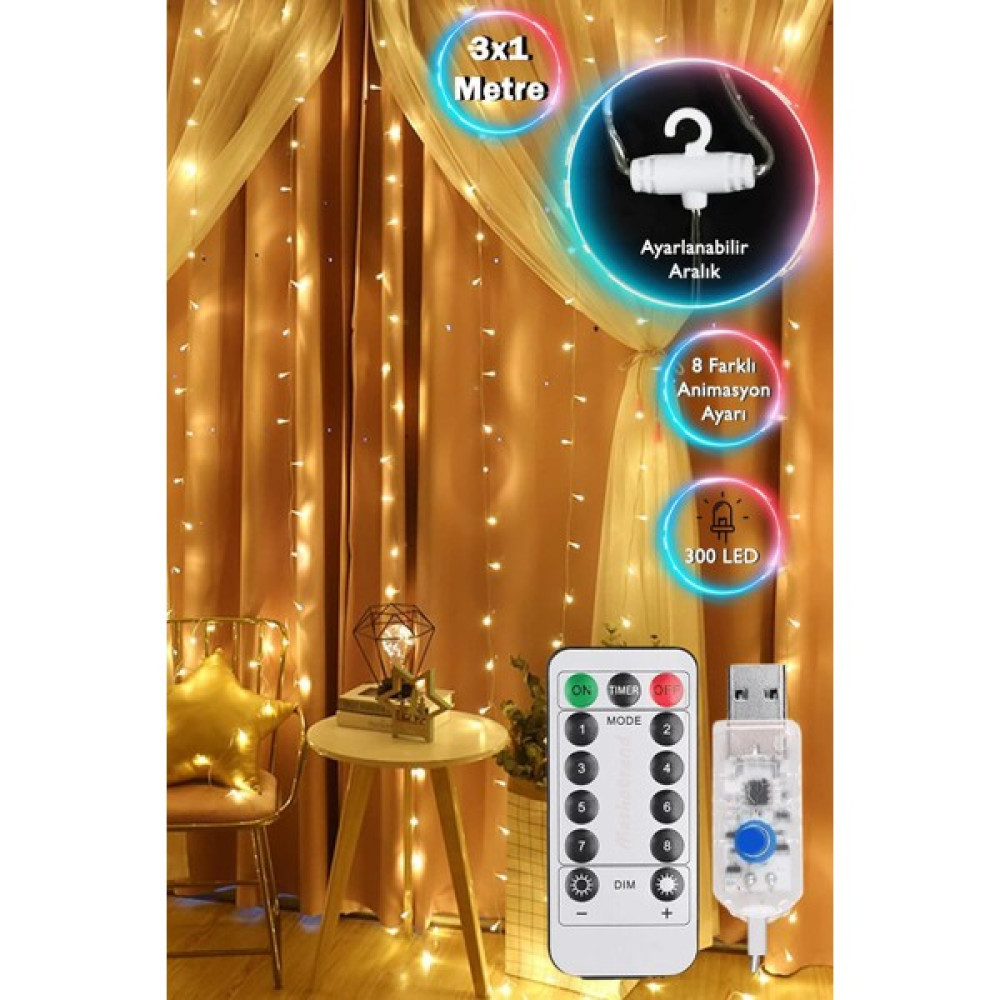 Pikas Tel Peri Günışığı Perde LED 8 Animasyon USB Girişli- Kumandalı Askı Aparatlı, 10 Saçaklı Kg-3x1 - 3 m - Sarı Led Aydınlatmalar Fiyatı