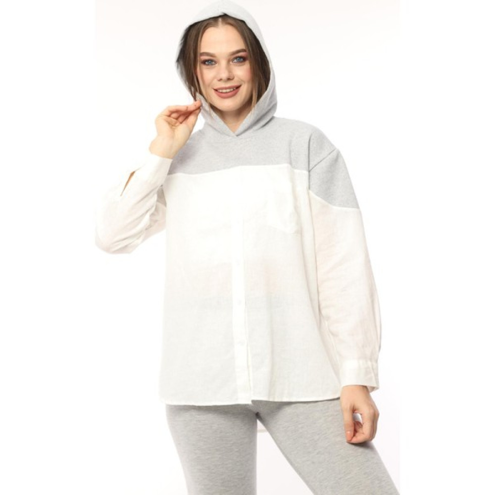 Pikka Online Kadın Gri Beyaz Geniş Kalıp Sweatshirt Baharlık Ceket Gömlek Kadın Gömlek Fiyatı