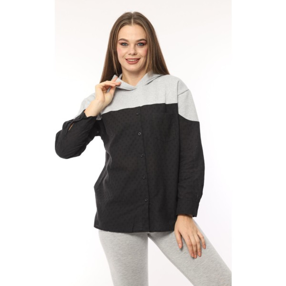 Pikka Online Kadın Gri Siyah Geniş Kalıp Sweatshirt Baharlık Ceket Gömlek Kadın Gömlek Fiyatı