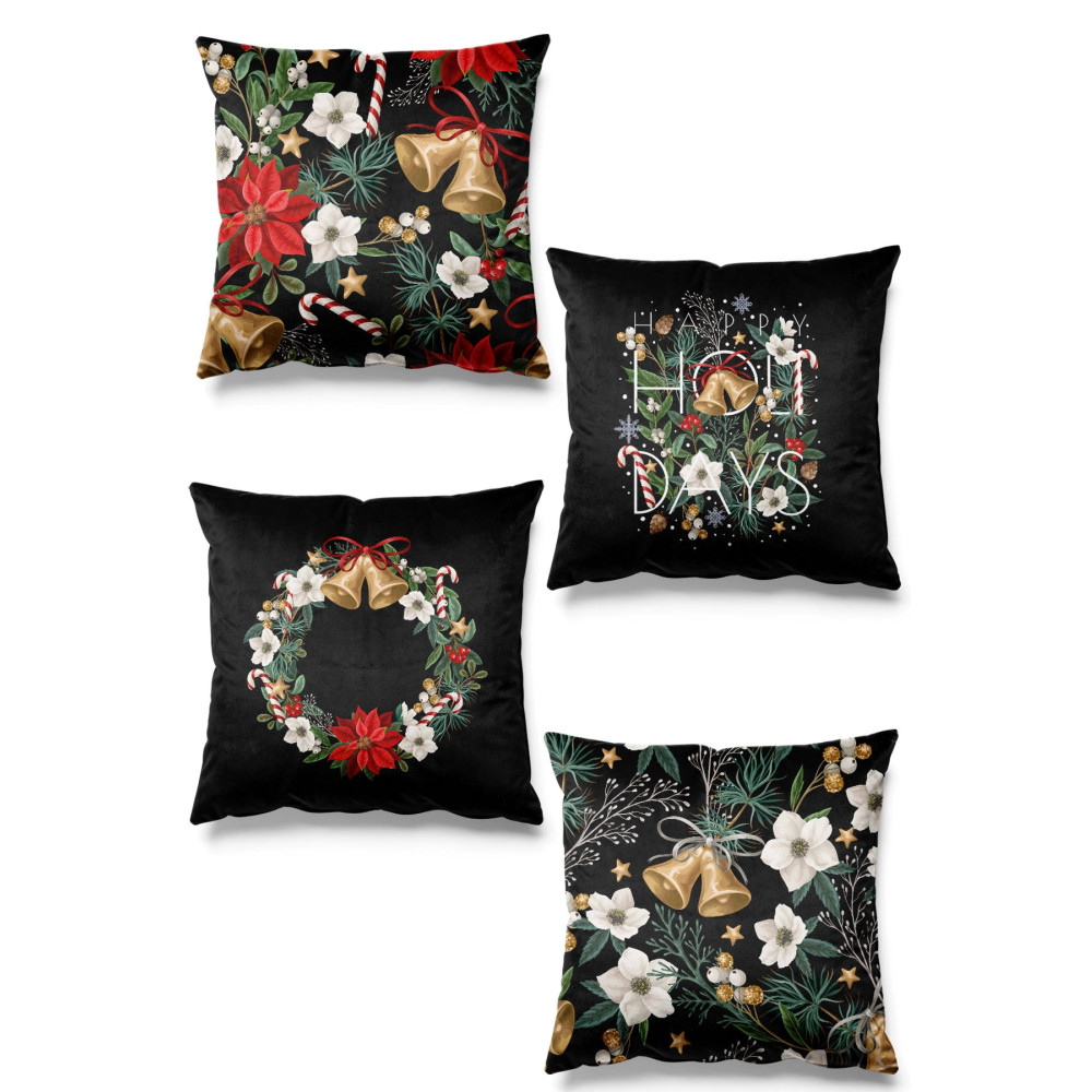 Pilloveland Çift Tarafı Baskılı Yılbaşı Çanı Desenli 4lü Set Süet Kırlent Kılıfı Christmas Noel 43 x 43 Beden Yatak Odası Tekstili Fiyatı