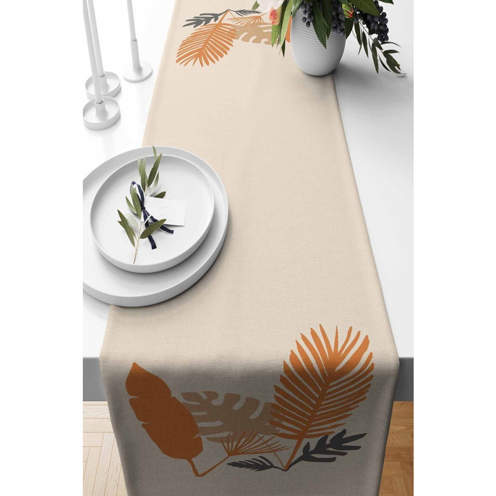 Pilloveland Runner Özel Tasarım Yaprak Desenli Süet Dokuma 140*40 Cm - Turuncu Runner Fiyatı