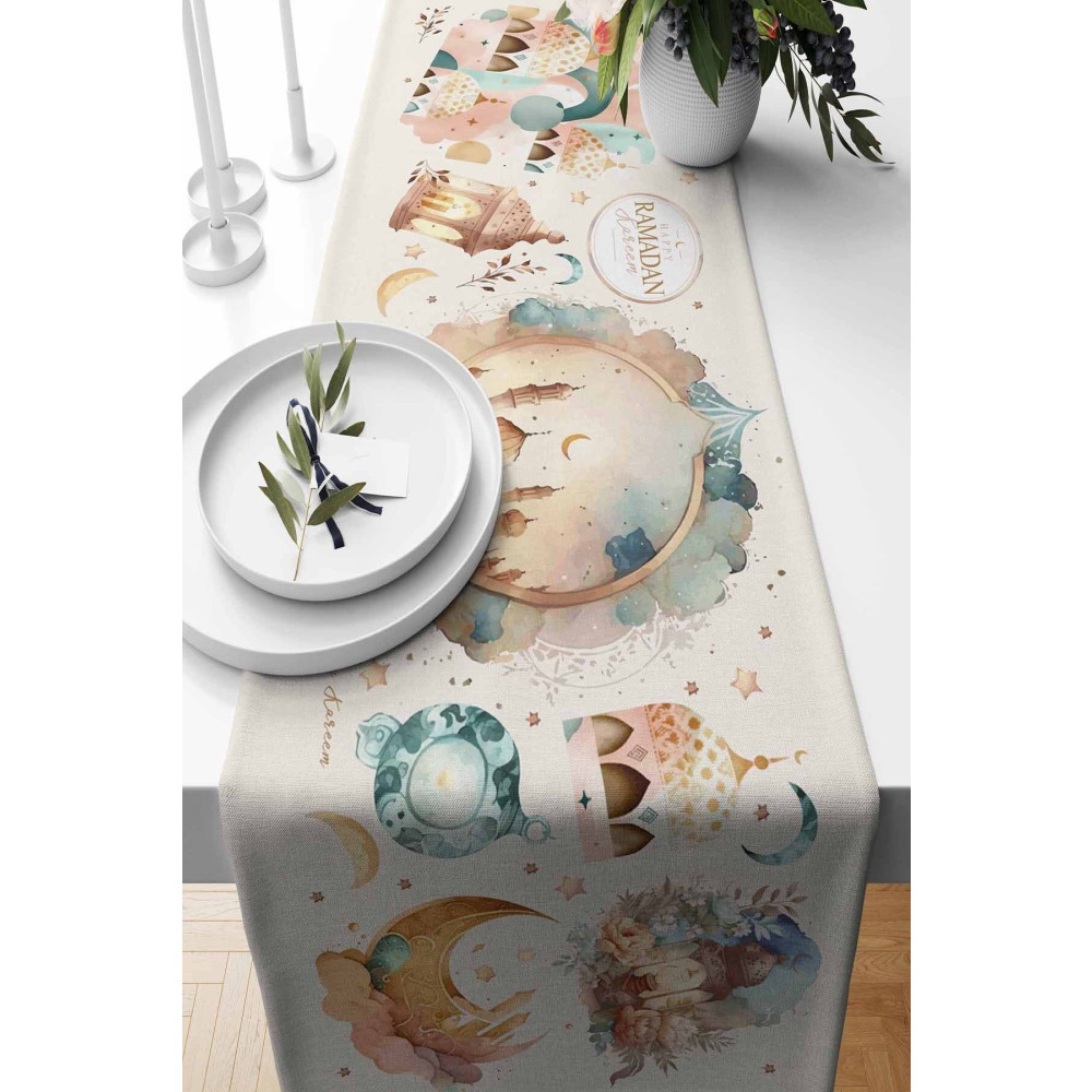 Pilloveland Runner Ramazan Pudra Desenli Süet Dokuma 140*40 Cm Ramadan Kareem Runner Fiyatı