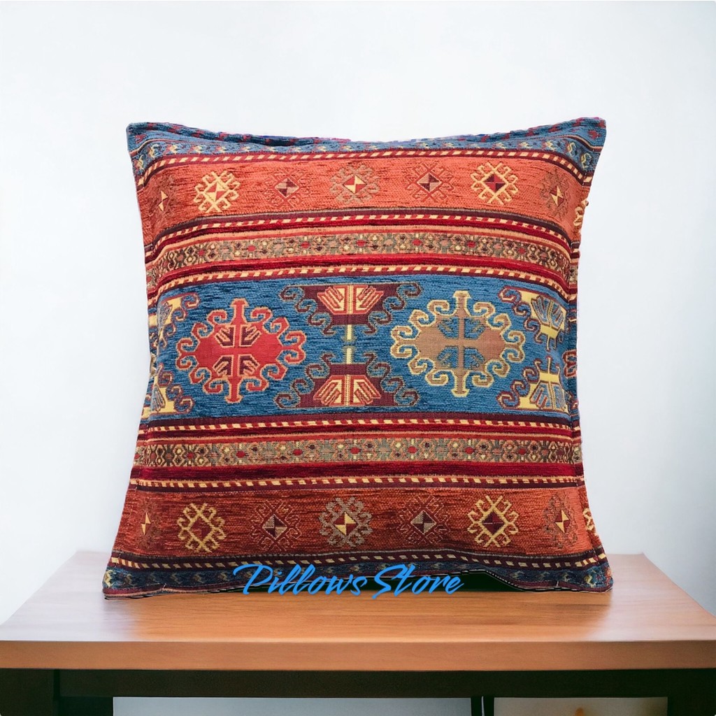 Pillows Store Kilim Desenli Açık Mavi-Kiremit Kırlent Kılıfı 45 cm *45 cm - 45 x 45 cm - Mavi - Kiremit Kilim Fiyatı