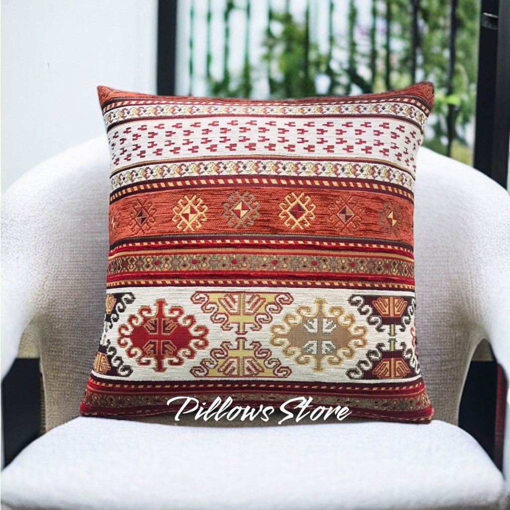 Pillows Store Kilim Desenli Beyaz-Kiremit Kırlent Kılıfı 45 cm *45 cm - 45 x 45 cm - Beyaz Kilim Fiyatı