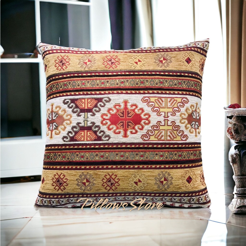 Pillows Store Kilim Desenli Beyaz-Safran Kırlent Kılıfı 45 cm *45 cm - 45 x 45 cm - Beyaz - Gold Kilim Fiyatı