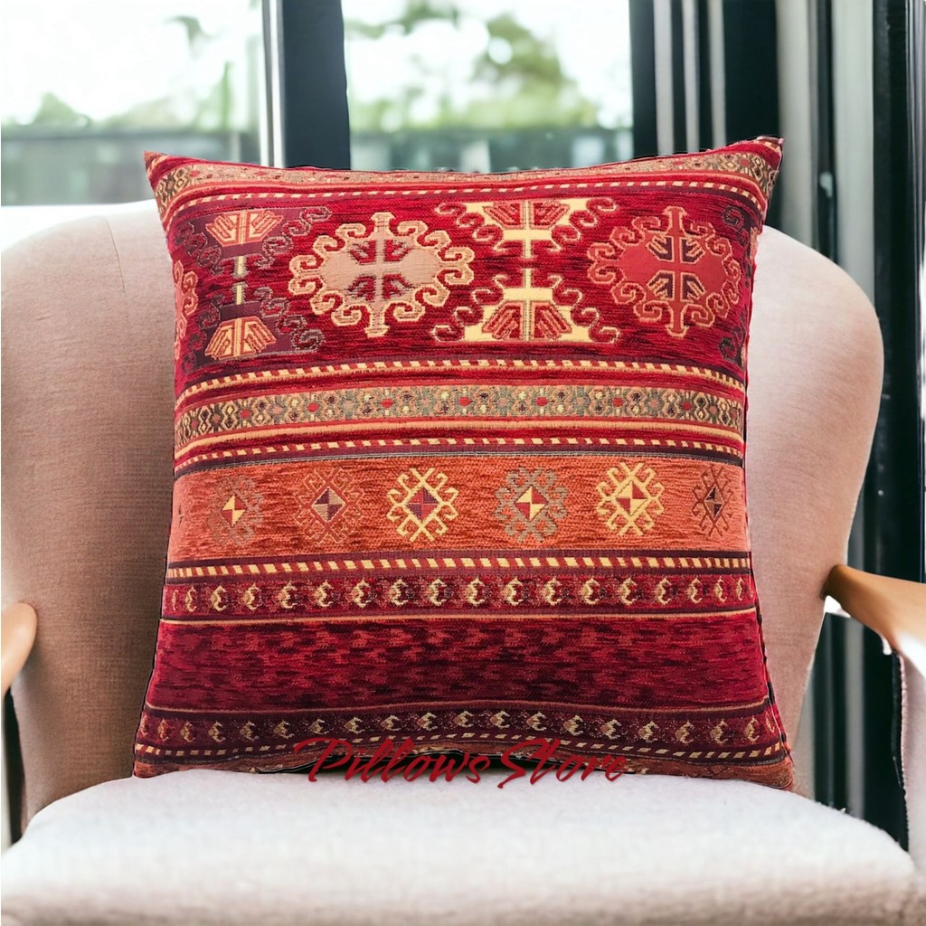 Pillows Store Kilim Desenli Bordo-Kiremit Kırlent Kılıfı 45 cm *45 cm - 45 x 45 cm - Bordo Kilim Fiyatı