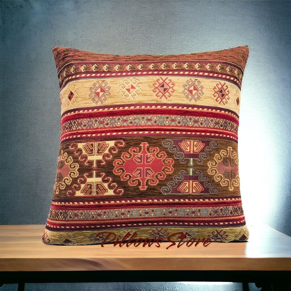 Pillows Store Kilim Desenli Kahverengi-Safran Kırlent Kılıfı 45 cm *45 cm - 45 x 45 cm - Kahverengi Kilim Fiyatı