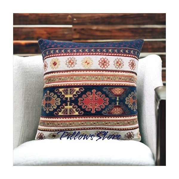 Pillows Store Kilim Desenli Lacivert-Beyaz Kırlent Kılıfı 45 cm *45 cm - 45 x 45 cm - Lacivert - Beyaz Kilim Fiyatı