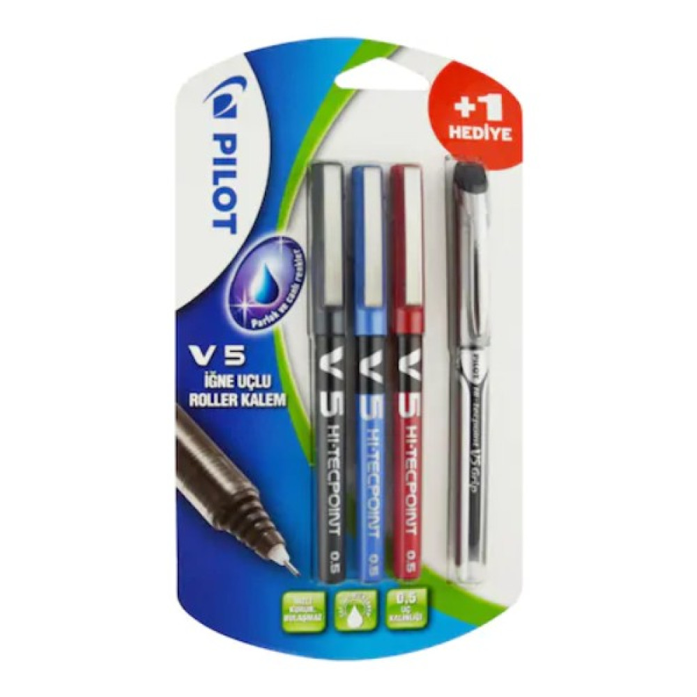 Pilot V5 - Siyah-Mavi-Kırmızı 3'lü Blister V5-Smk-Bl3+1 - Siyah - Mavi Jel Mürekkepli (Roller) Kalem Fiyatı