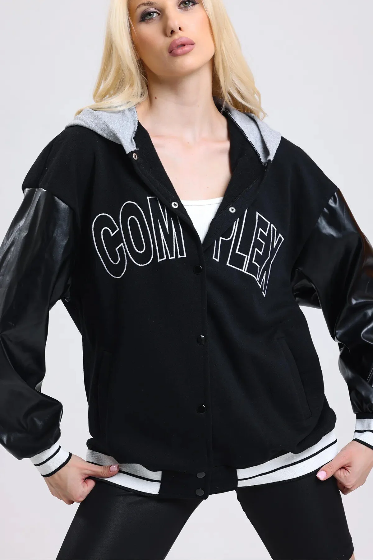 Pinem Unisex Complex Deri Kol Oversize Kolej Ceket L/XL Beden" Bayan Ceket Fiyatı