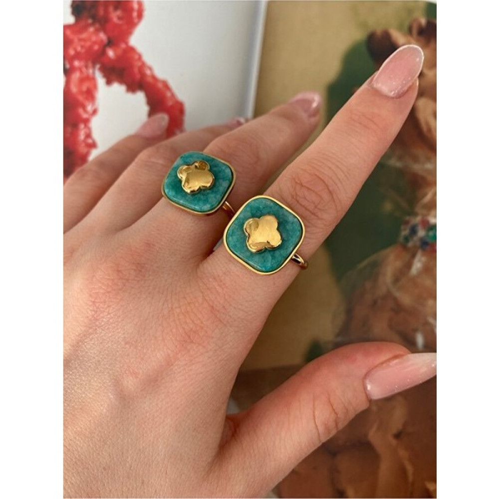 Pinery Jewels Vintage Zümrüt Taşlı Yonca Çelik Kararmaz Ayarlanabilir Gold Yüzük - S / M Bijuteri Yüzük Fiyatı