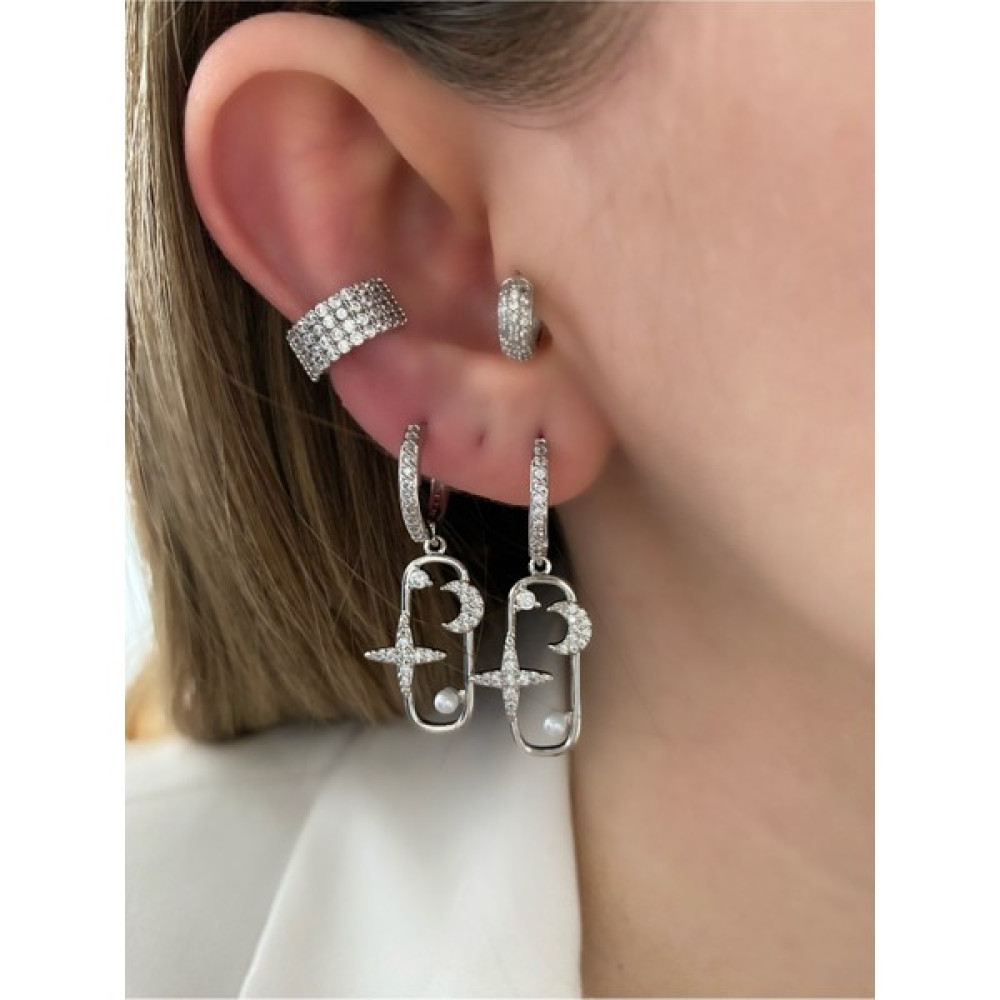 Pinery Jewels Zirkon Taşlı Ay ve Yıldız Sallantılı Küpe Çifti - Gümüş Bijuteri Küpe Fiyatı