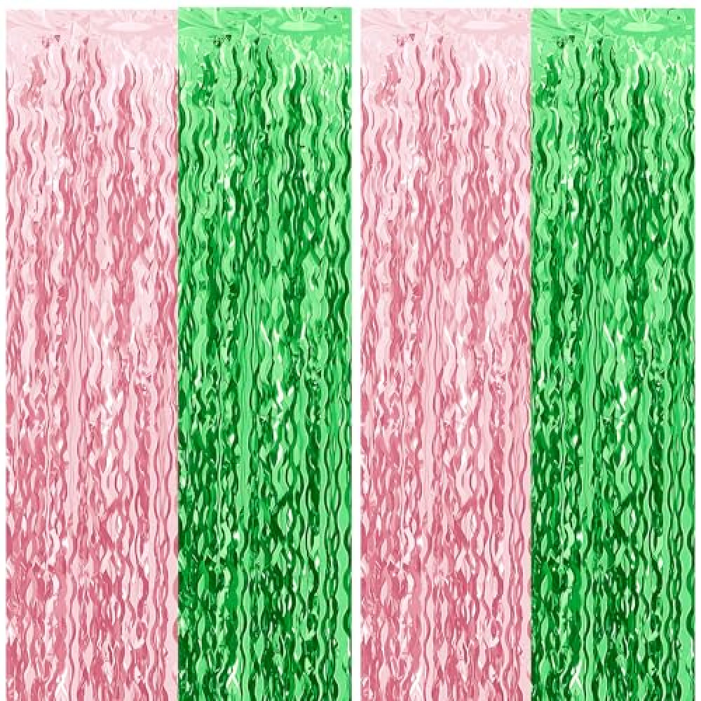 Pink and Green Wavy Tinsel Foil Fringe Curtains Photo Booth Backdrop for Green Pink Theme Birthday Party Witch Decorations(2 Pack,3.2 ft x 6.6 ft)