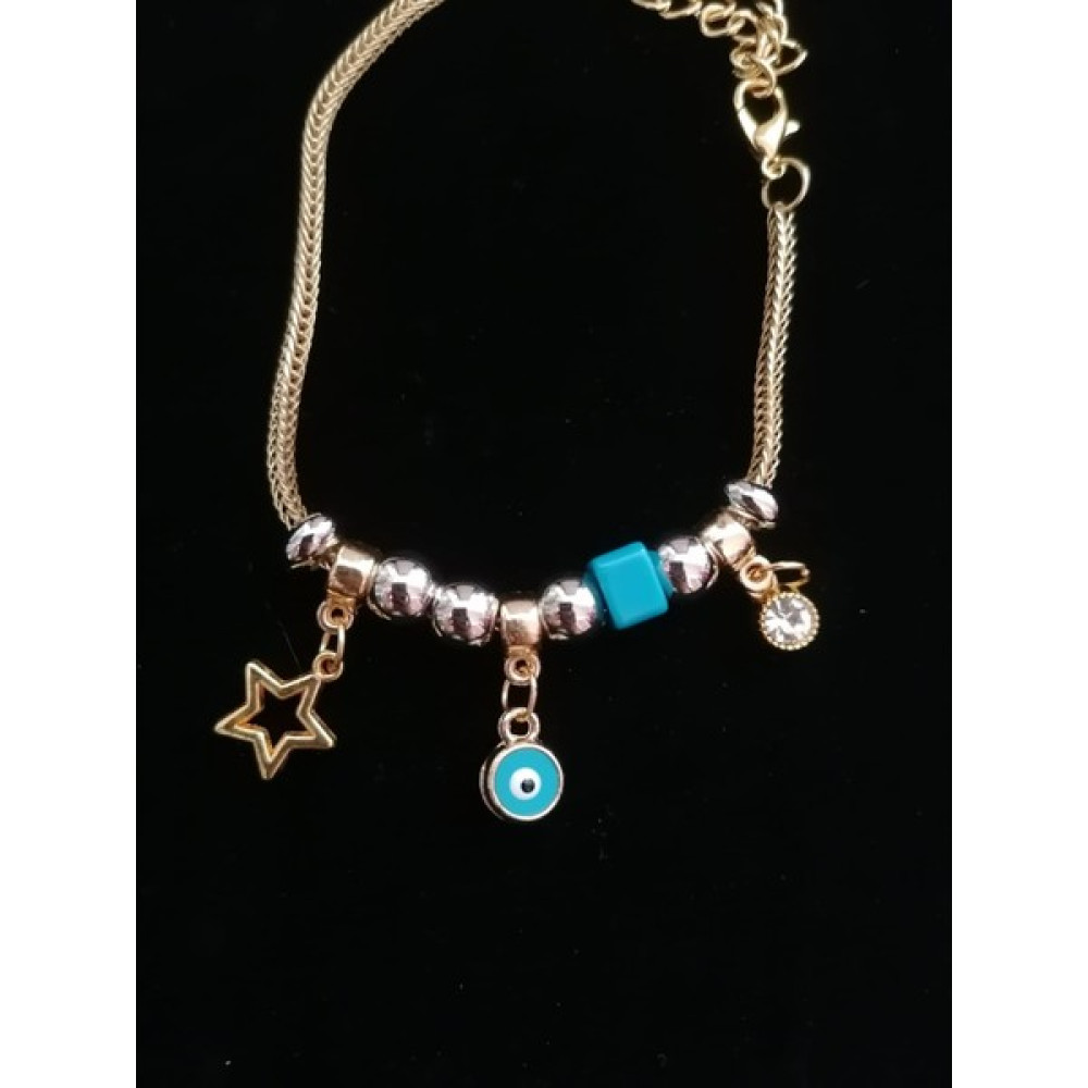 Pink Bijuteri Kadın Gold Pandora Charmlı Nazar Boncuk ve Yıldız Detaylı Bilekllik Saat ve Bileklik Aksesuarı Fiyatı