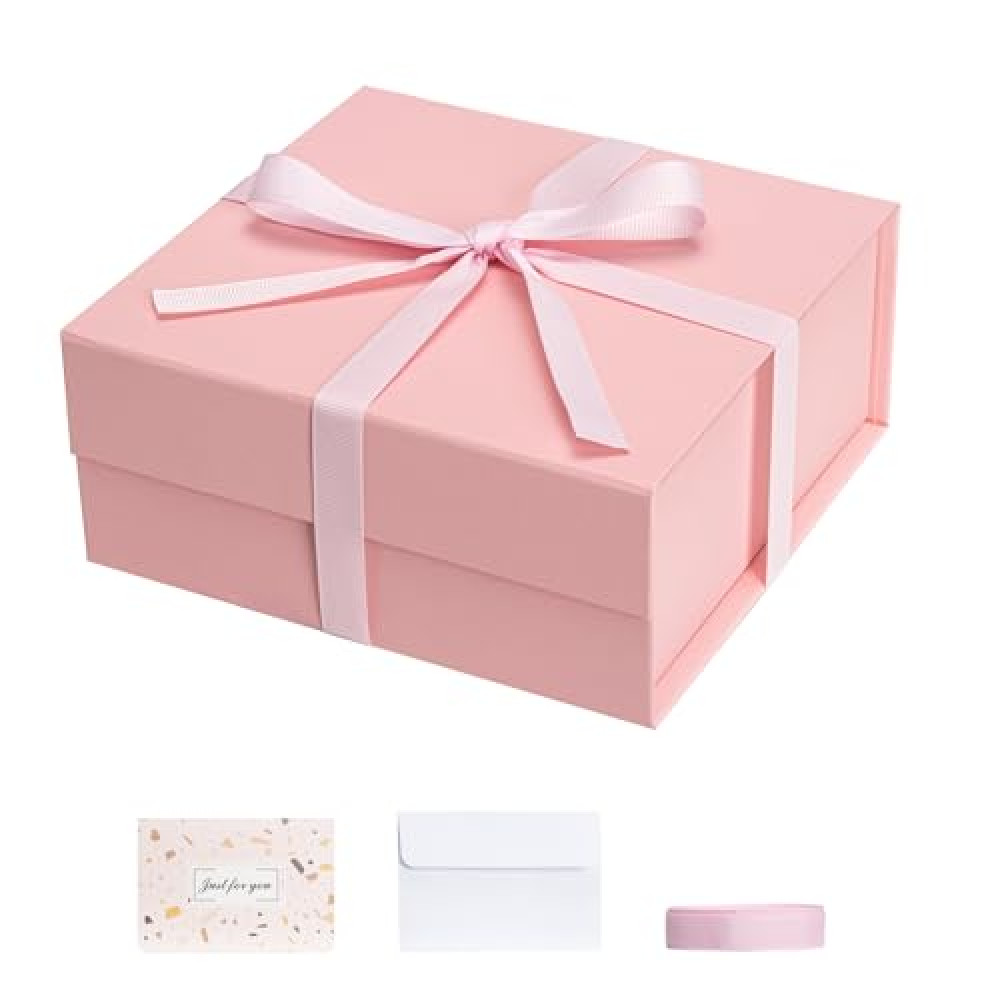 Pink Gift Boxes with Lids Pack of 1, 6x6x3 Inches Small Gift Box with Ribbon, Collapsible Gift Boxes with Magnetic Closure for Presents, Bridesmaid Proposal Box for Family Mom Girlfriend
