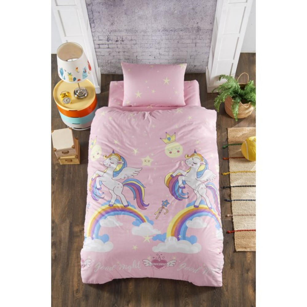 Pink House Unicorn Lastikli Çarşaflı Tek Kişilik Nevresim Takımı - Pembe - 160 x 220 cm Nevresim Takımı Fiyatı