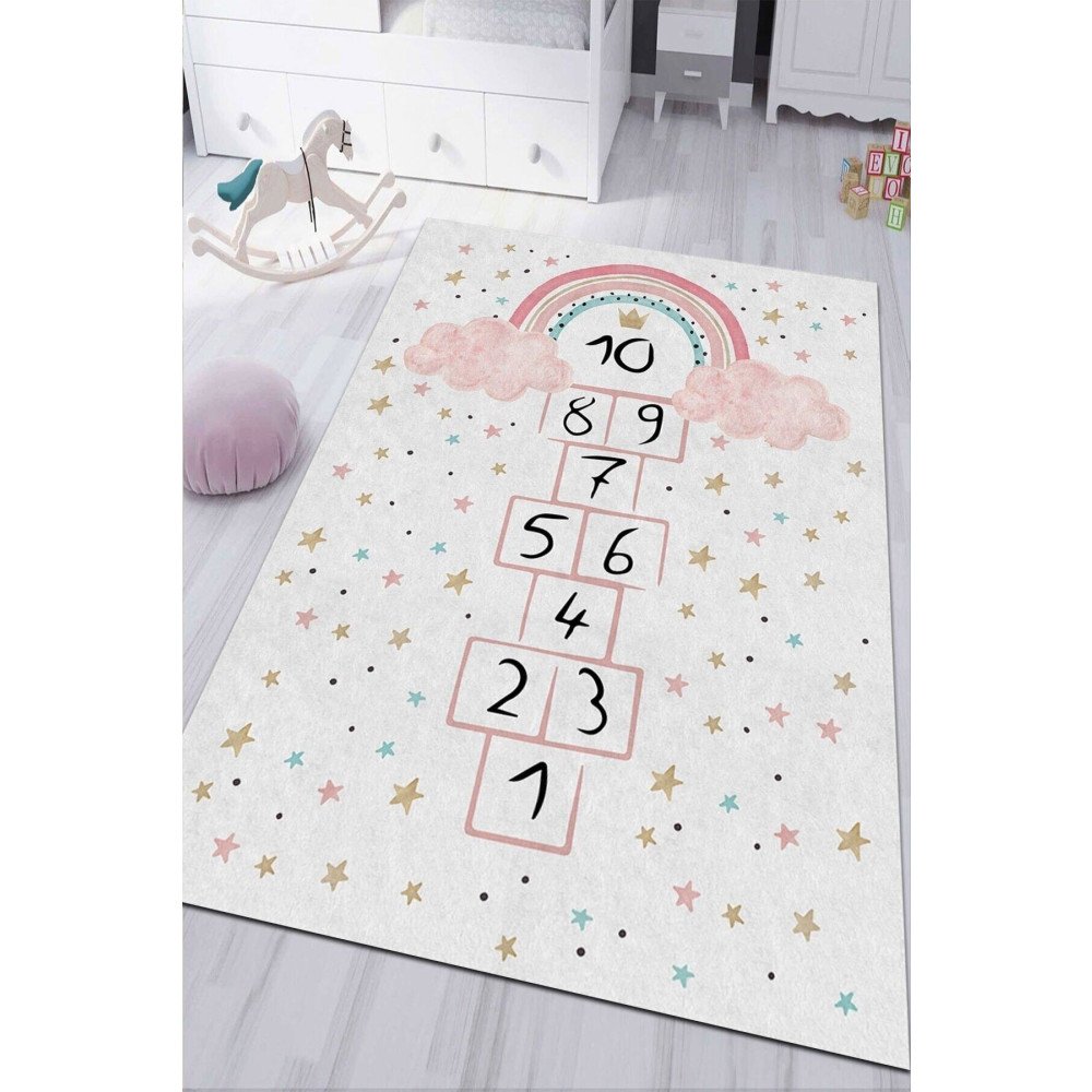 PINKIE HOME Dijital Baskı Kaymaz Taban Makinede Yıkanabilir Pembe Gökkuşağı Seksek Desenli Çocuk Odası Halısı-4 160 x 300 Beden Bebek Odası Halı Fiyatı