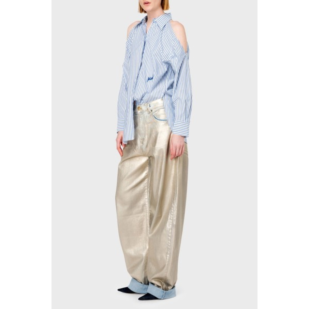 Pinko Çizgili Pamuklu Oversize Fit Omuzları Açık Gömlek Bayan Gömlek 103058A1OMZE5 Kadın Gömlek Fiyatı