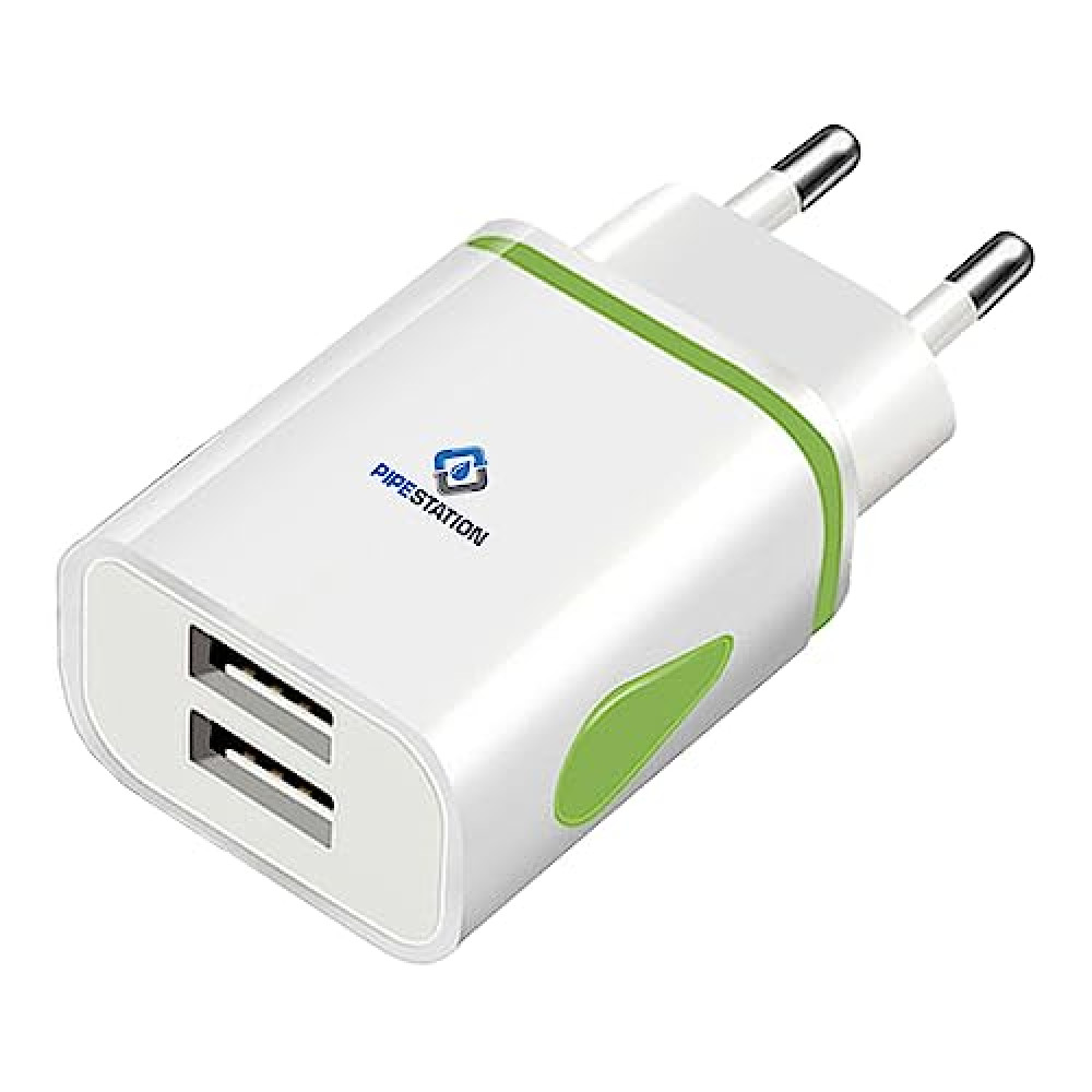 Pipestation EU USB Travel Adapter Charger | 2-Pin Euro Wall Adaptor with 2 USB Ports | European Universal Power Charging compatible with iPhone Samsung Phone Tablet Shaver Toothbrush