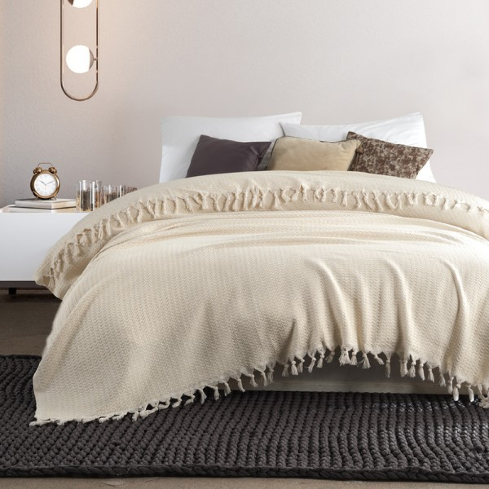 Piramit Çift Kişilik Yatak Örtüsü 200 x 230 cm Pike Pamuklu Koltuk Kanepe Örtüsü Püsküllü - Krem Yatak Örtüsü Fiyatı