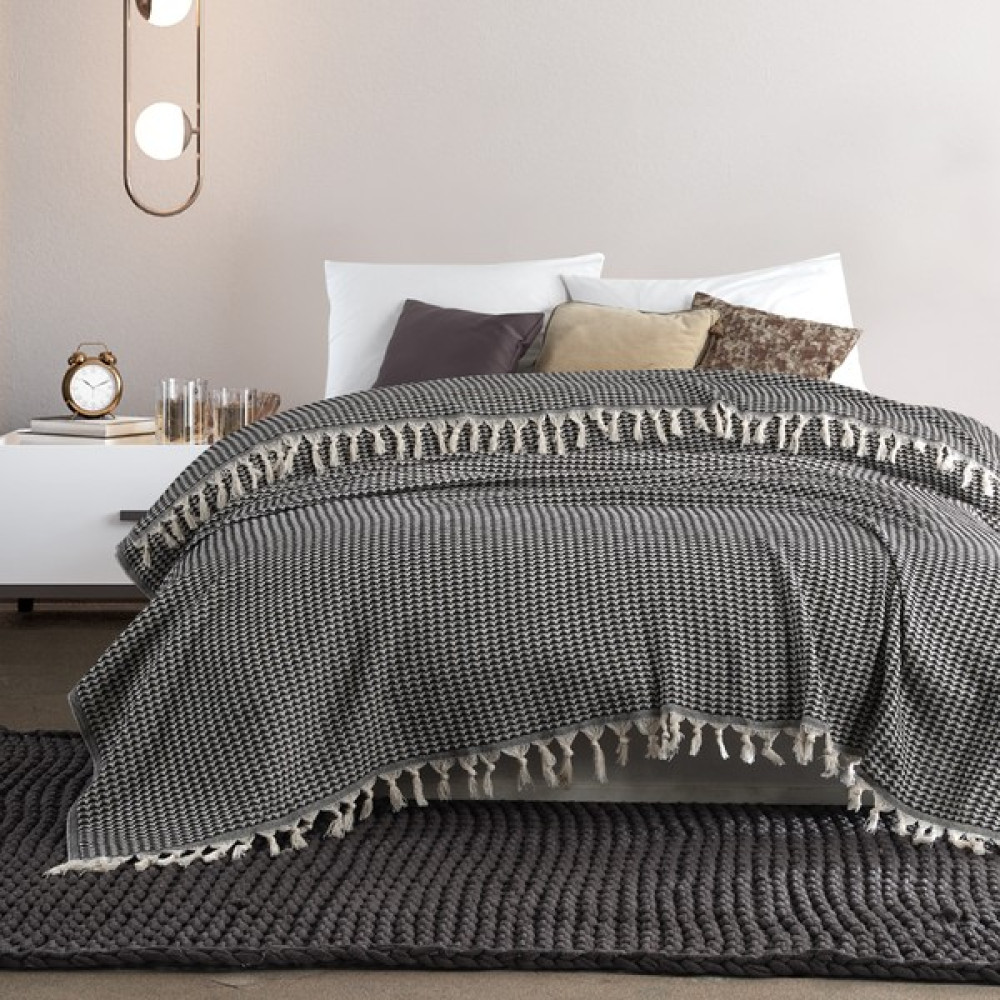 Piramit Çift Kişilik Yatak Örtüsü 200 x 230 cm Pike Pamuklu Koltuk Kanepe Örtüsü Püsküllü - Siyah Yatak Örtüsü Fiyatı