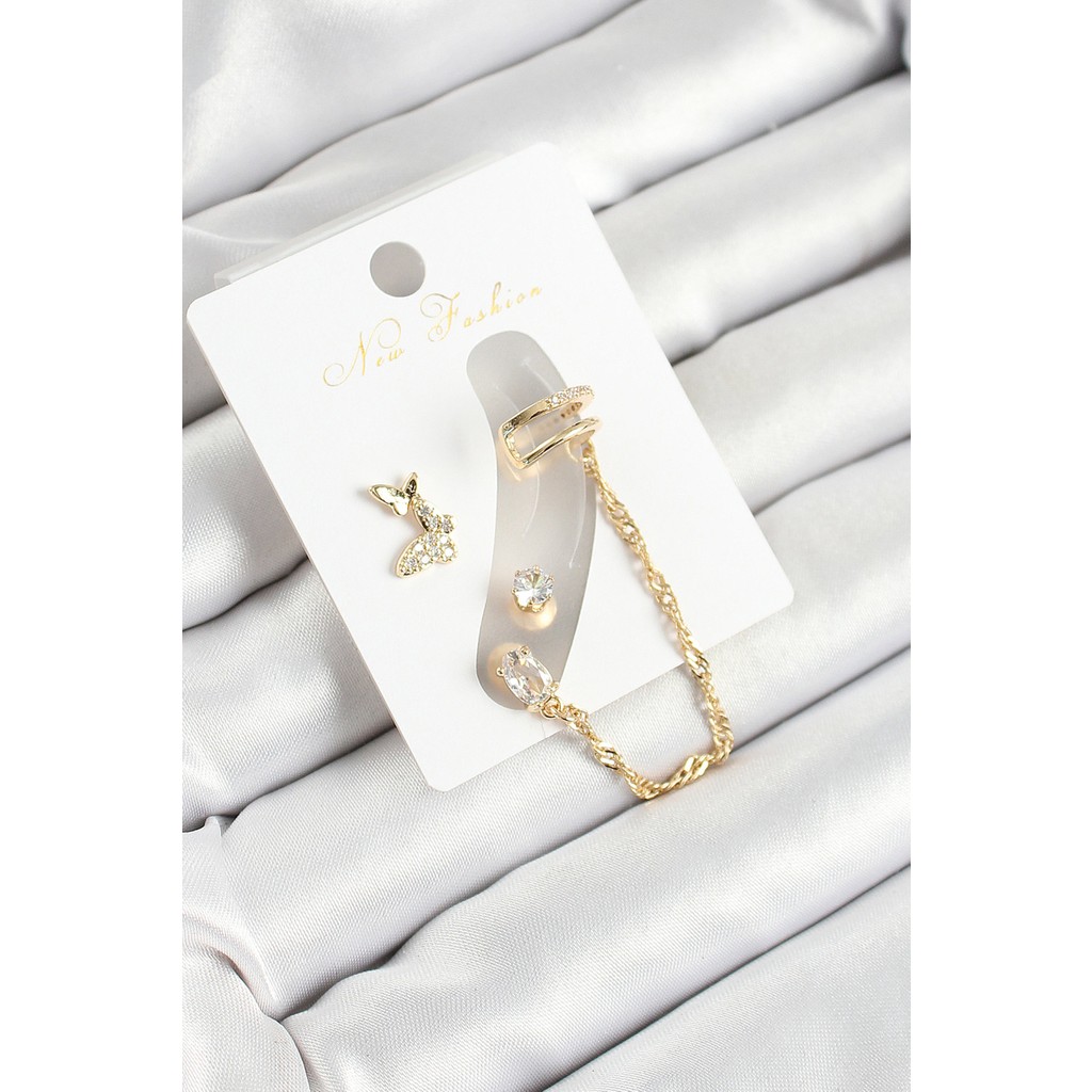Pirinç Kelebek Figürlü Zirkon Taşlı Gold Renk 3'lü Kıkırdak Kadın Küpe Set - 3 cm - Altın Diğer Fiyatı