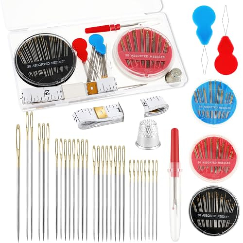 Piriuuo Premium Hand Sewing Needles Set, 90 Pcs Embroidery Needles Kit with Threaders Thread Removal Tool Large Sewing Needle Embroidery Accessories for Hand Sewing Crafts