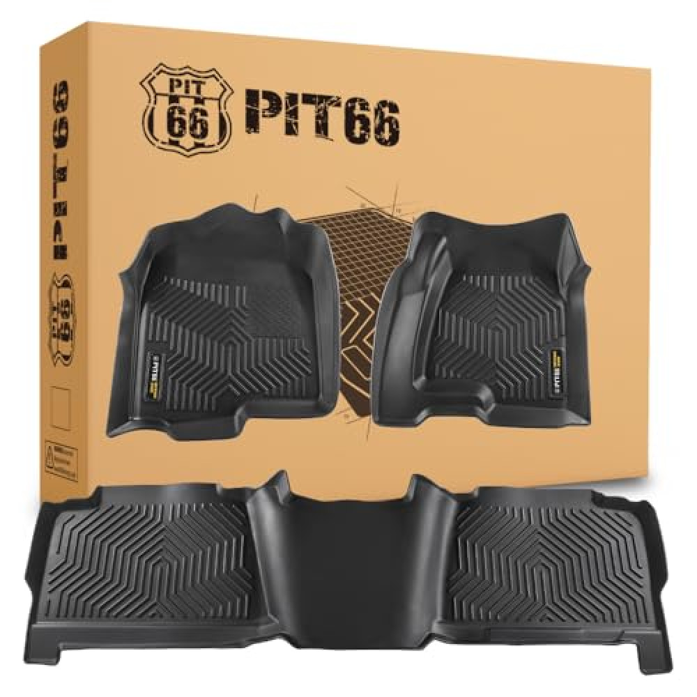 PIT66 Floor Mats Cargo Liners Compatible with 1999-2006 Chevy Silverado/Sierra GMC 1500 | Crew Cab (Heavy Duty) TPE 3-Piece Premium, Black