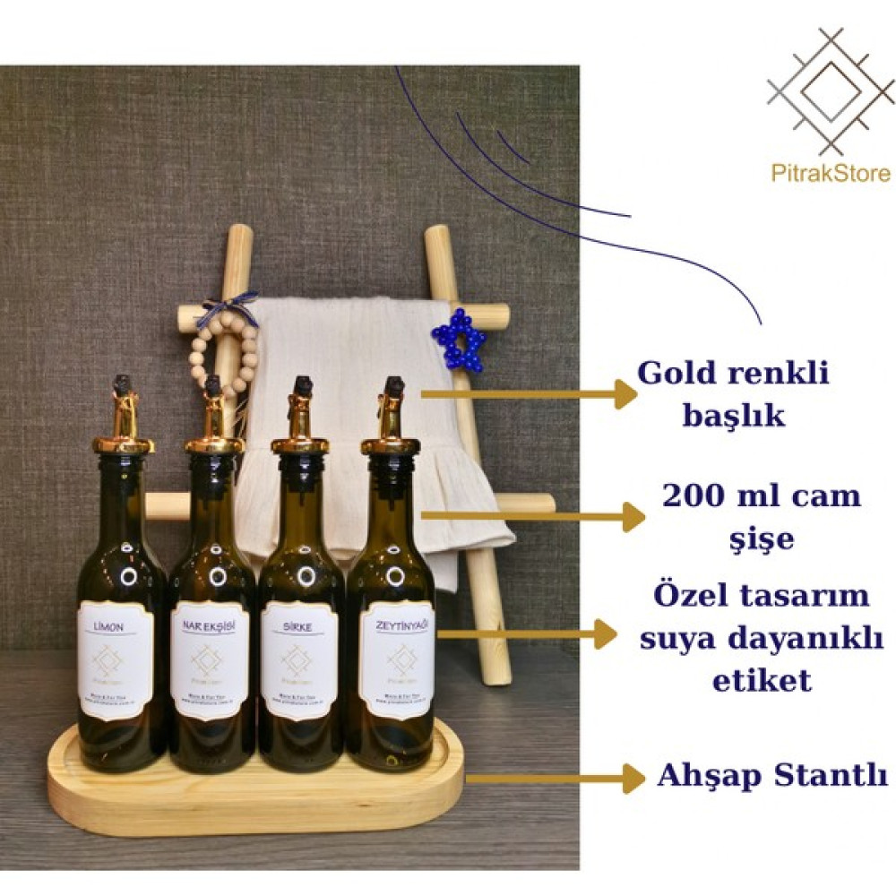 Pitrak Store Pitrakstore Stantlı Yeşil 4'lü 200ML Zeytinyağı Nar Ekşisi Limon Sirke Şişesi Yağdanlık Seti Gold Mutfak Gereçleri Fiyatı