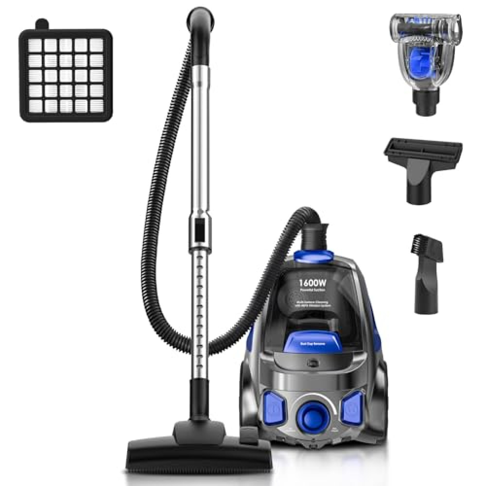 PKUYIE Canister Vacuum Cleaner, 32Kpa 1600W Bagless Vacuum Cleaner, Dust Full Indicator, H13 HEPA Filter, 3.7Qt Large Capacity, Lightweight Vac for Hard Floors, Carpet, Pet, Upholstery, Blue