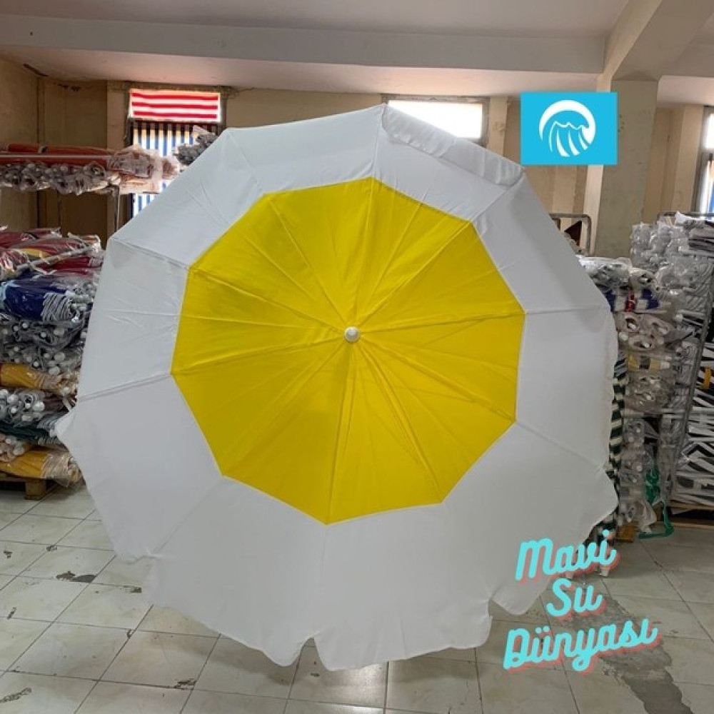 Plaj Şemsiye Beyaz Ortası Sarı (Bidon Dahil) 2 Metre, 10 Telli Bez Plaj Şemsiyesi - 2 x 2 m Bahçe Şemsiyesi Fiyatı