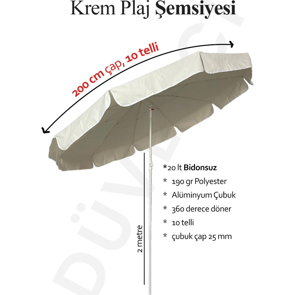Plaj Şemsiyesi, Krem Renkli, 10 Telli, 2 Metre Çaplı, Güneşe Göre Açılanabilir Bidonsuz - 1 Diğer Fiyatı