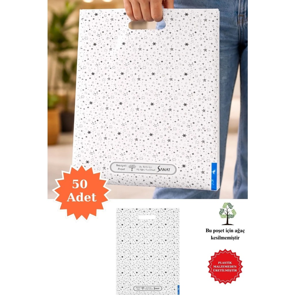 Plas and Plus Plas+Plus Güçlendirilmiş El Geçmeli Takviyeli Mağaza Poşeti 32 x 42 cm Elit Yıldız Desen Baskı 50 Adet Plastik Diğer Fiyatı