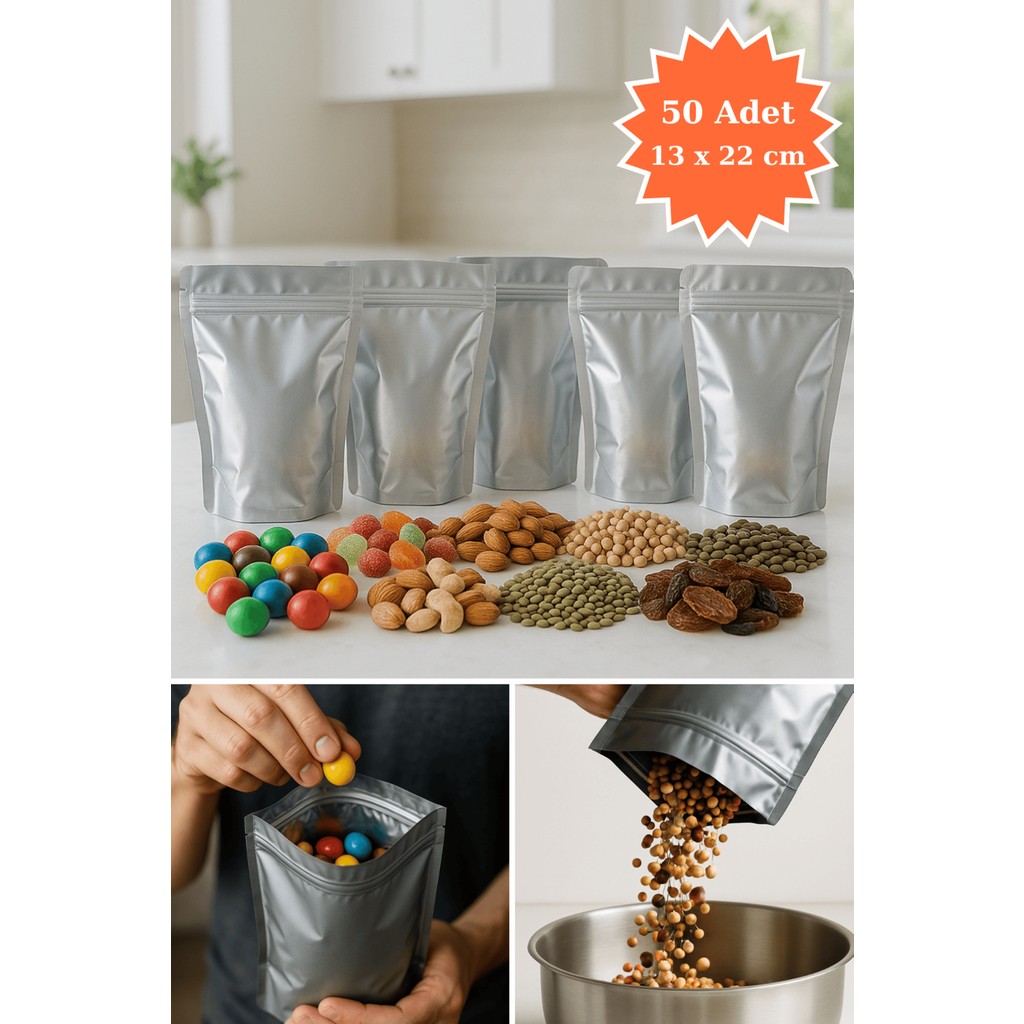 Plas+Plus Kilitli Metalize Doypack Kahve Kuruyemiş Bakliyat Kedi Köpek Kuş Yemi Saklama Torbası 13X22 cm 50LI Evcil Hayvan Ürünleri Fiyatı