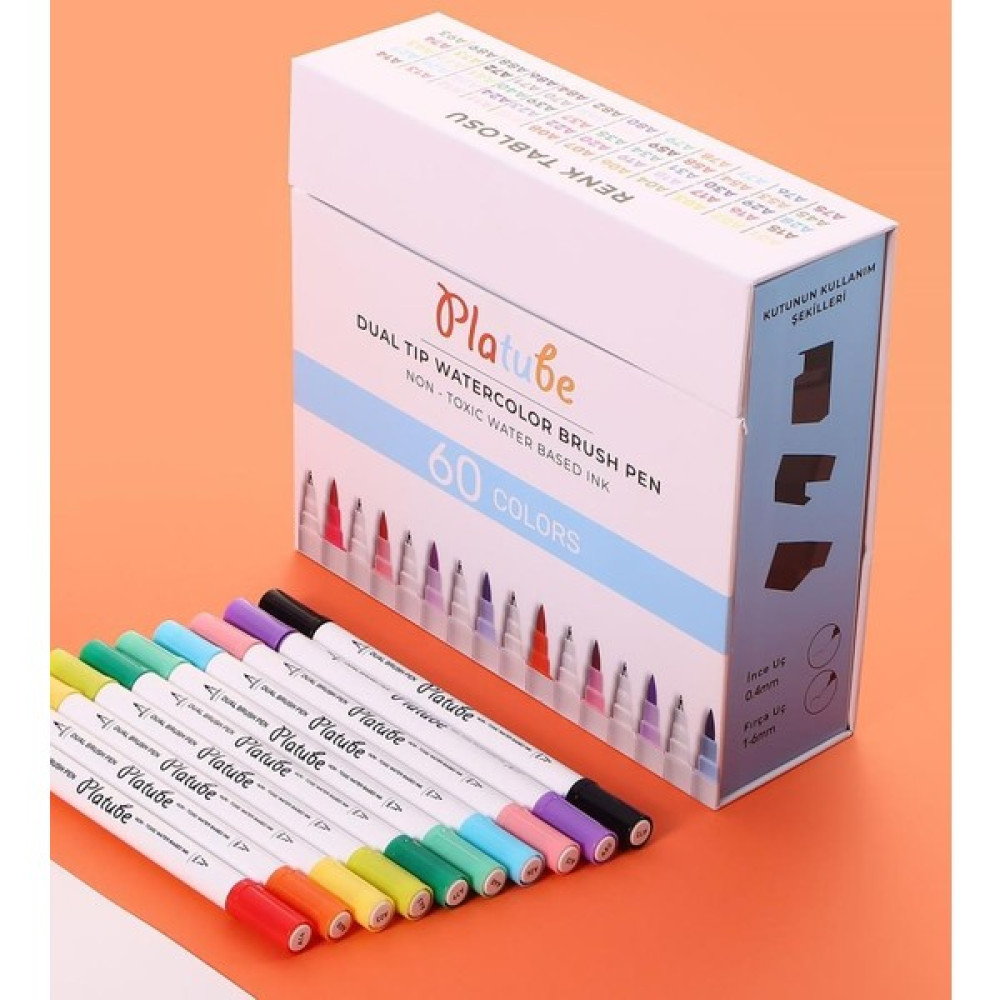 Platube Çift Taraflı Brush Pen 60’lı Marker Kalem Seti Bullet Jurnal Mandala Eskiz Boyama Seti - Karışık-Çok Renkli - Çift Uçlu Keçeli Kalem Keçe Uçlu Kalem Fiyatı