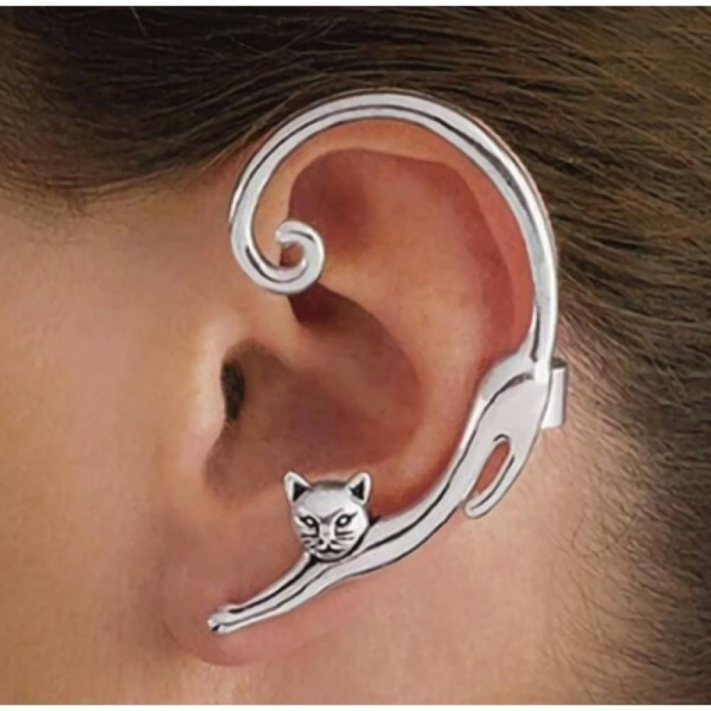Playseba Kadın Gümüş Renk Kedi Figürlü Kıkırdak Küpe Earcuff - Gri Bijuteri Küpe Fiyatı