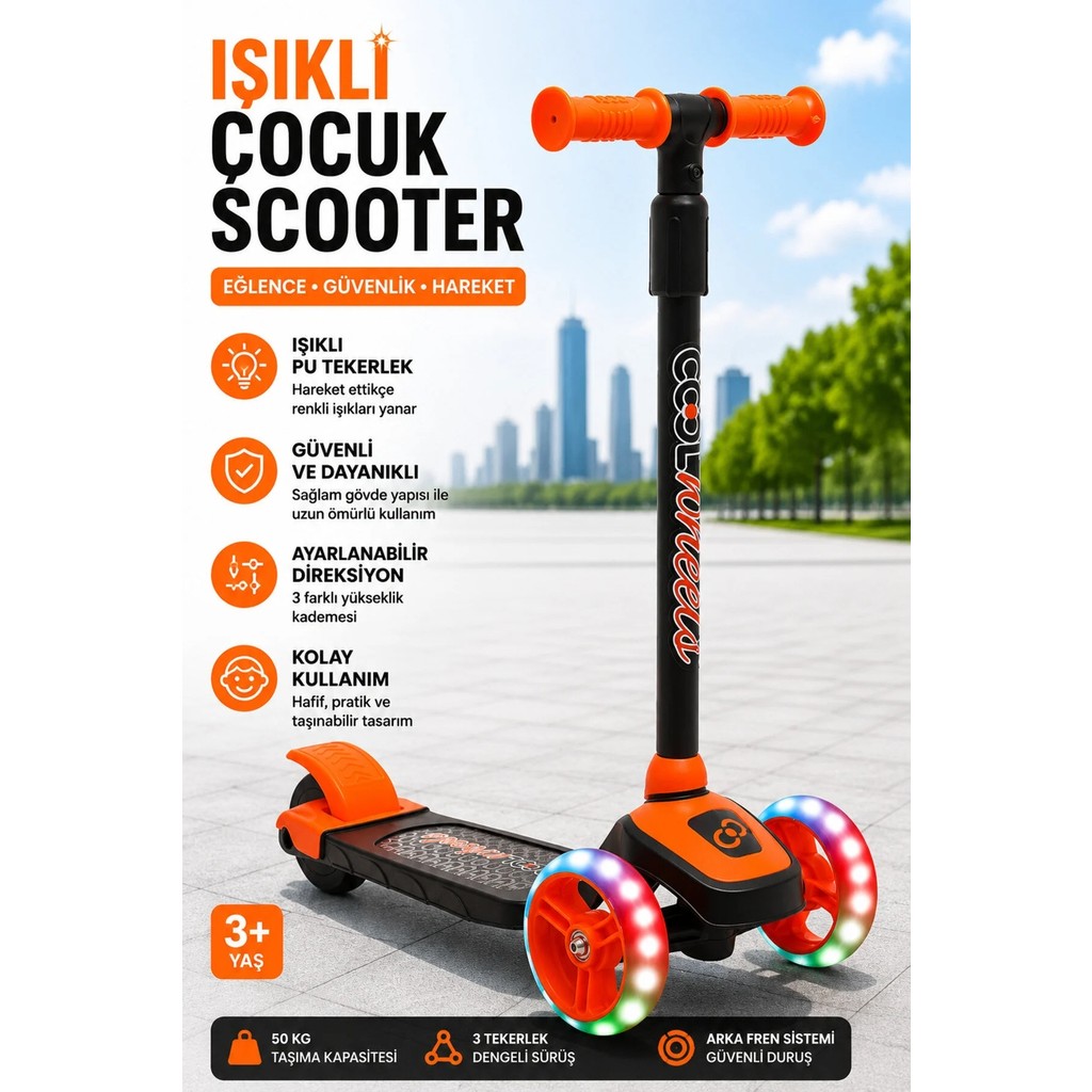Plodna House LED Işıklı 3 Tekerlekli Yükseklik Ayarlı Turuncu Twist Scooter Scooter Fiyatı
