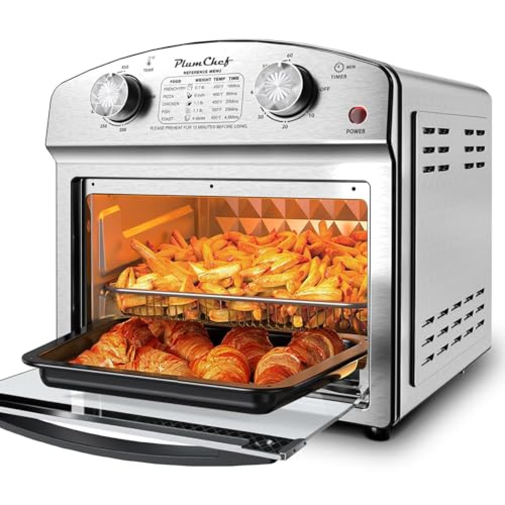 PlumChef 13 Quart 4 Slices Air Fryer Convection Toaster Oven with Reference Menu, 1500W, 7 in 1 Multifunction with Roast, Bake, Grill, Broil, Toast, Dehydrate, Defrost (Silver White)