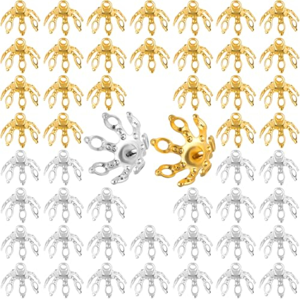 Pndeyo 50pcs Flower Bead Caps for Jewelry Making, Hypoallergenic Alloy End Cap Bails, Flower Beads End Caps for Earrings Bracelets Anklets Pendants Rings DIY Crafts- Gold & Silver