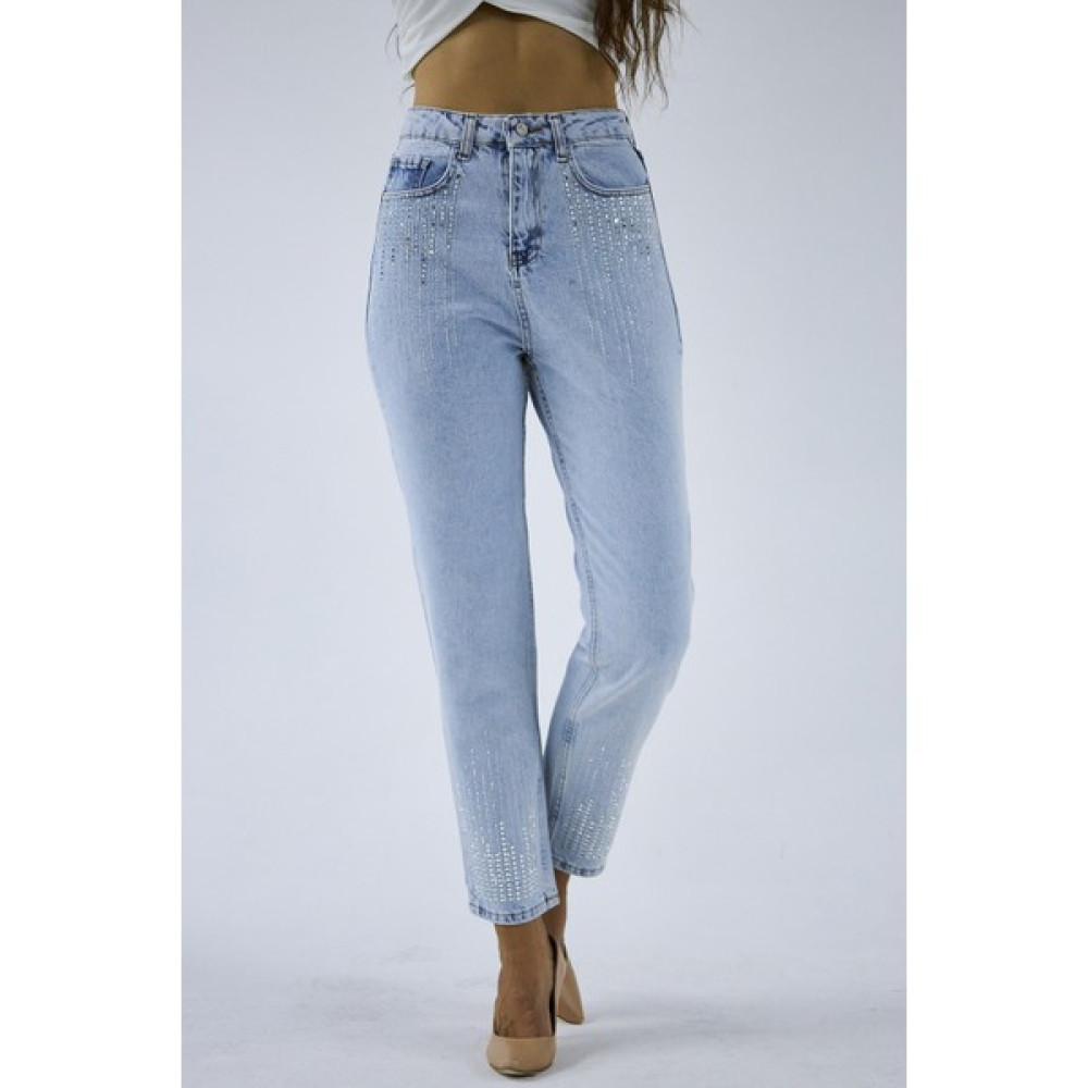 PodiumStar Kadın Buz Mavisi Yüksek Bel Kare Parlak Taşlı Boyfriend Jeans Abiye Pullu Kot Pantolon Bayan Jeans / Kot Pantolon Fiyatı