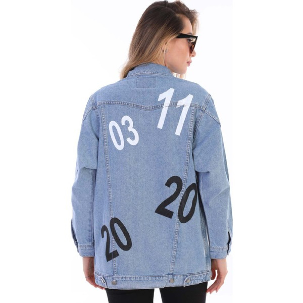 PodiumStar Kadın Mavi Sayı Baskılı Yırtık Detaylı Jean Boyfriend Oversize Uzun Kot Ceket Bayan Ceket Fiyatı