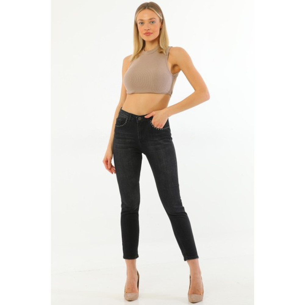 PodiumStar Kadın Siyah Likralı Yüksek Bel Cepleri Parlak Taşlı Payetli Mom Jean Kot Pantolon Bayan Jeans / Kot Pantolon Fiyatı