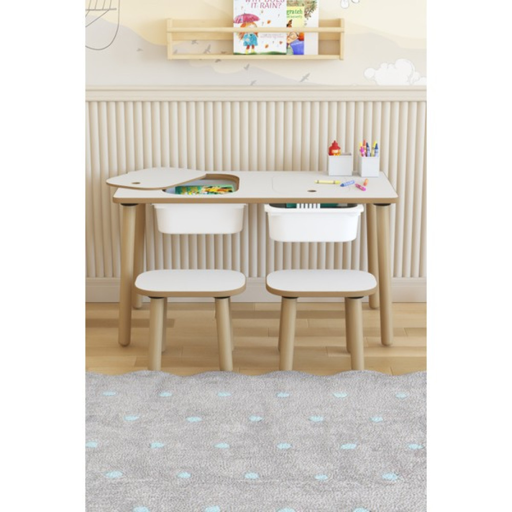 Pofitto Montessori Çocuk Masası-Oyun Masası-Aktivite Masası-Çalışma Masası-Etkinlik Masası 2 Tabure - Beyaz Bebek Odası Tekstili Fiyatı