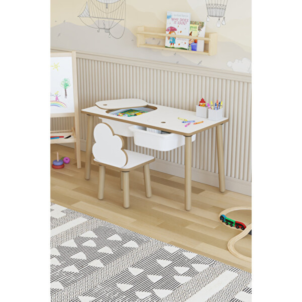 Pofitto Montessori Çocuk Masası-Oyun Masası-Aktivite Masası-Etkinlik Masası Takımı 1 Bulut Sandalye - Beyaz Bebek Odası Tekstili Fiyatı