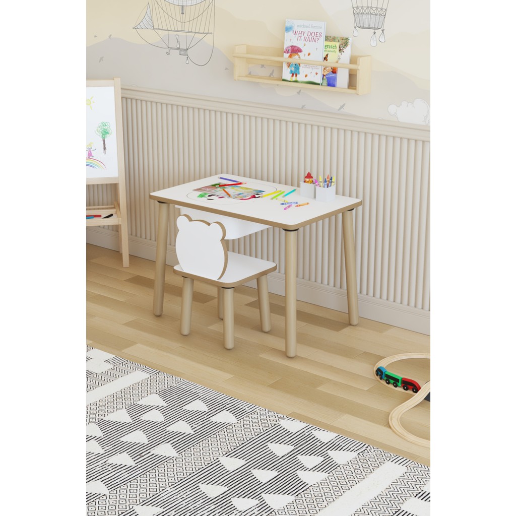 Pofitto Montessori Çocuk Masası-Oyun Masası-Aktivite Masası-Etkinlik Masası Takımı 1 Panda Sandalye - Beyaz Standart Sandalye Fiyatı
