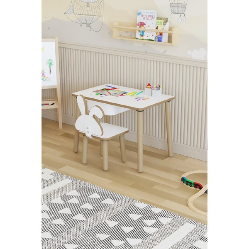Pofitto Montessori Çocuk Masası-Oyun Masası-Aktivite Masası-Etkinlik Masası Takımı 1 Tavşan Sandalye - Beyaz Bebek Odası Tekstili Fiyatı