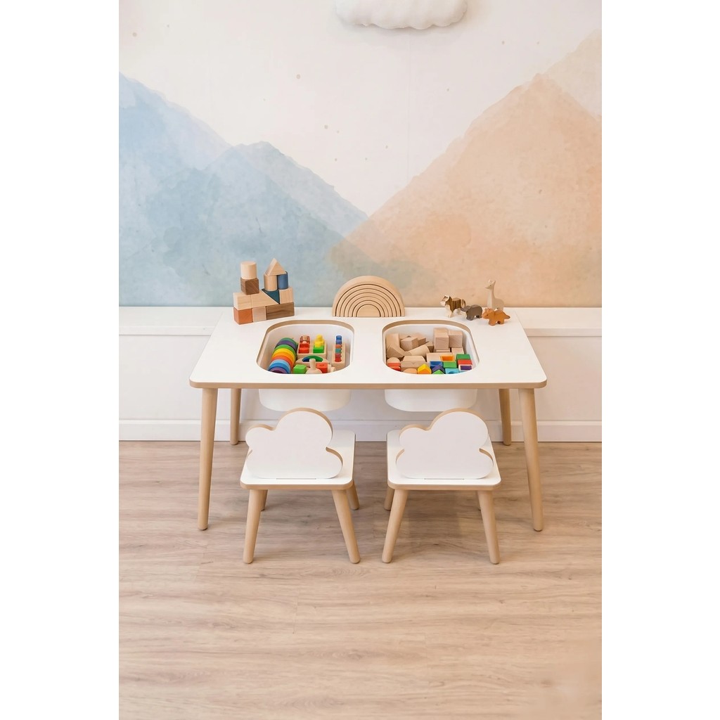 Pofitto Montessori Çocuk Masası-Oyun Masası-Aktivite Masası-Etkinlik Masası Takımı 2 Bulut Sandalye - Beyaz Standart Sandalye Fiyatı