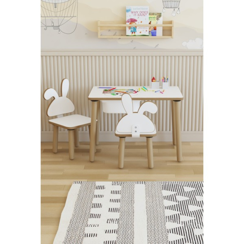 Pofitto Montessori Çocuk Masası-Oyun Masası-Aktivite Masası-Etkinlik Masası Takımı 2 Tavşan Sandalye - Beyaz Bebek Odası Tekstili Fiyatı