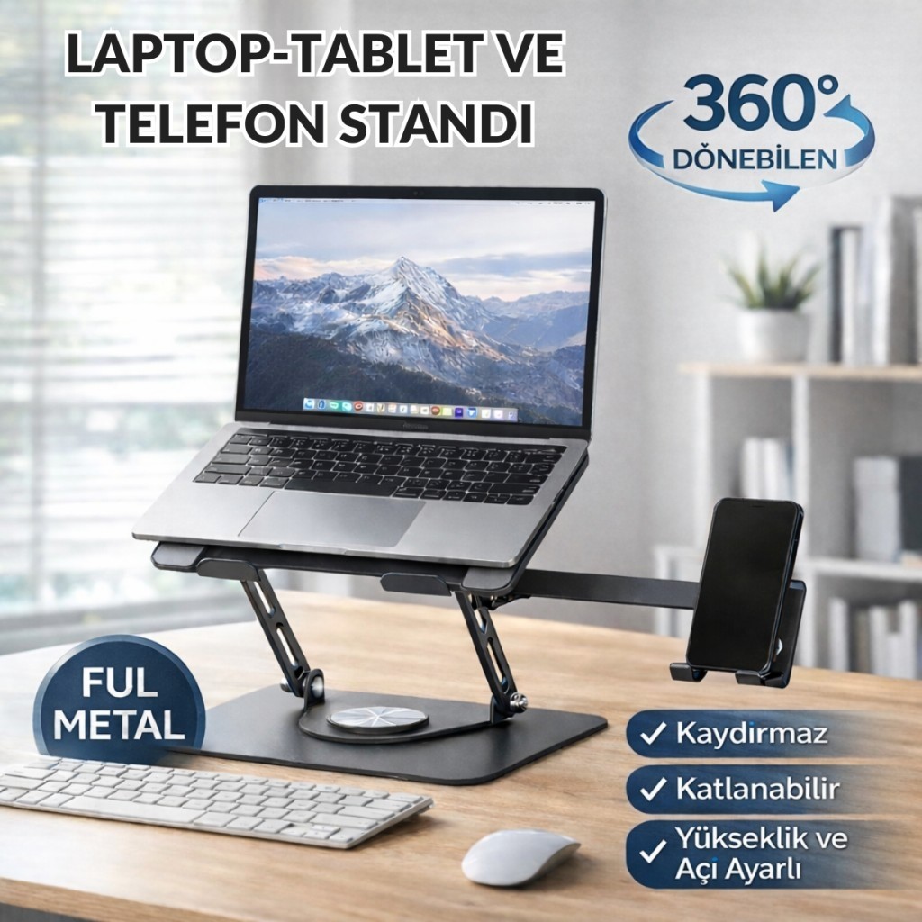 Polham 360 Dönebilen Full Metal Laptop Tablet Telefon Standı – Katlanabilir, Kaydırmaz, Yükseklik ve Açı Ayarlı Ergonomik Masaüstü Stand - Gri Tablet Aksesuarı Fiyatı