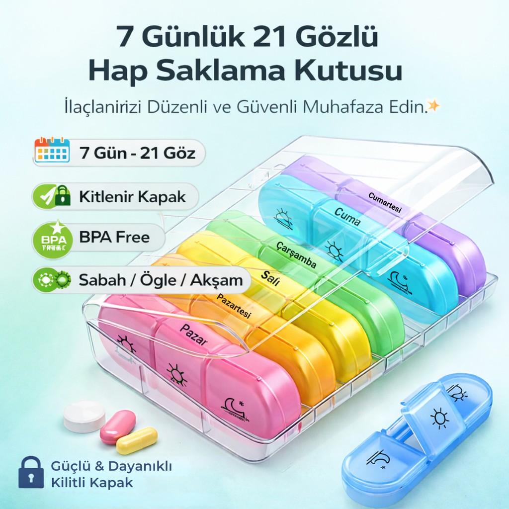 Polham 7 Günlük 21 Gözlü Haftalık , Hap Saklama Kutusu, Kitlenir Kapaklı, Bpa Içermez Saklama Kutusu - Renkli Eşya Saklama Kutusu Fiyatı